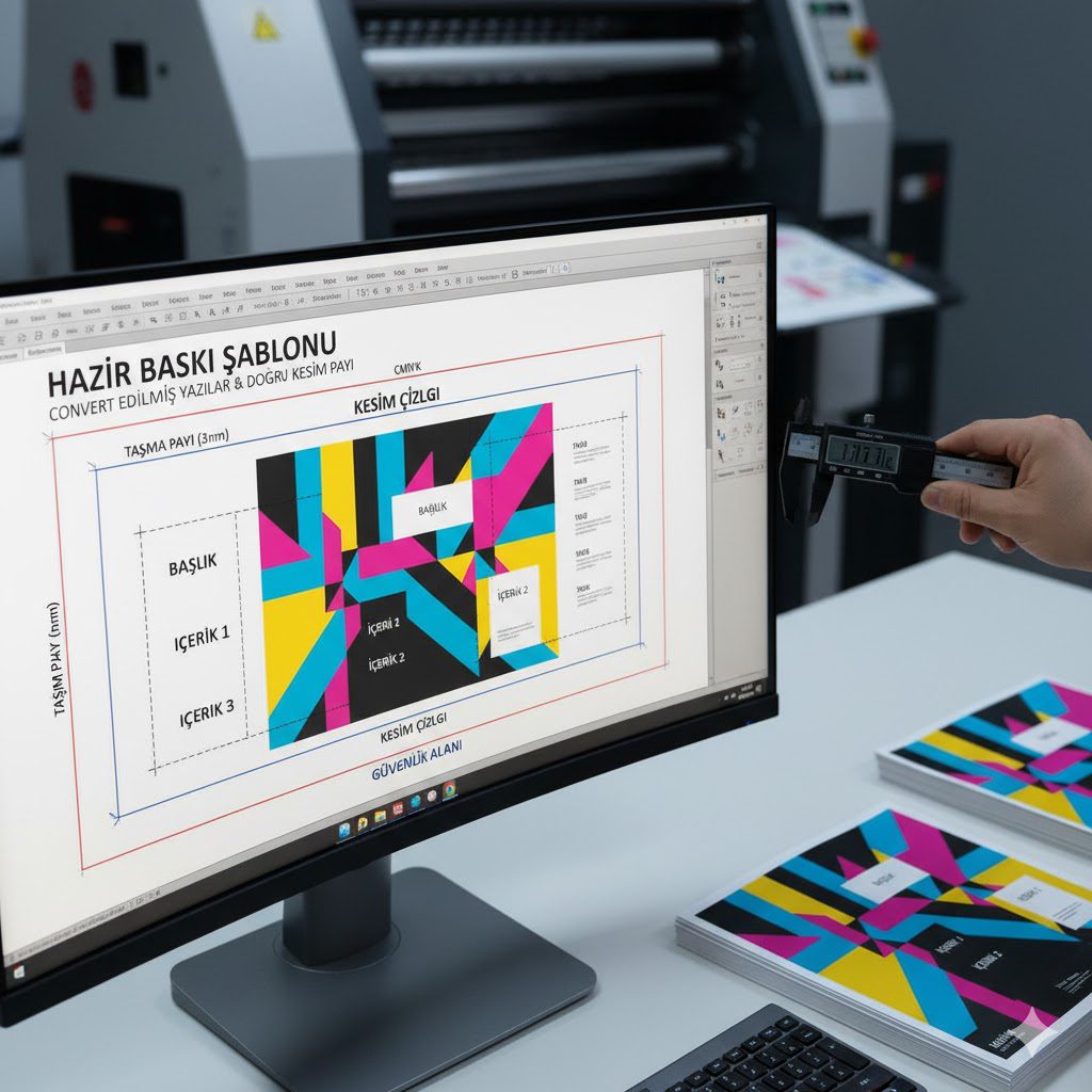 Convert edilmiş yazılar ve doğru kesim payı içeren baskı şablonu.